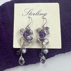 New Sterling Silver Purple Amethyst, Quartz & Pearls Long Cluster Drop Earrings